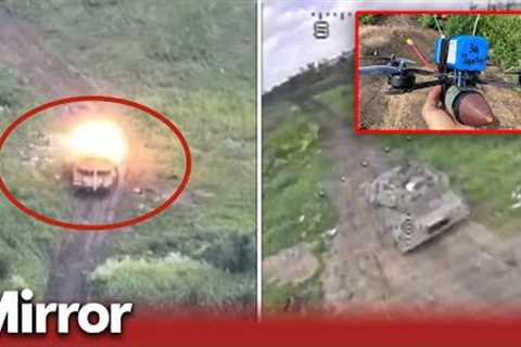 Ukraine FPV drone strikes Russian tank causing HUGE explosion