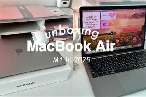 MacBook Air M1 unboxing (space gray) in 2025 ✨☁️ + accessories, esr wireless mouse, aesthetic setup
