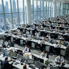 High-angle view: bustling corporate office.  Business-suited employees work at desks, city skyline..