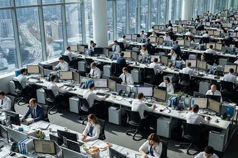 High-angle view: bustling corporate office.  Business-suited employees work at desks, city skyline..